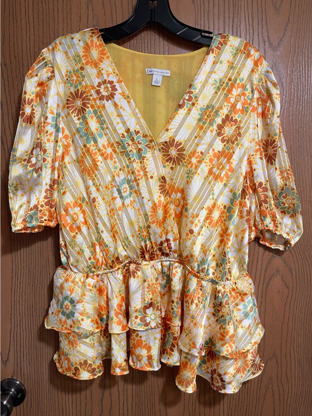 Cato Blouse in Yellow with Orange Floral Print and Wrap Peplum Design